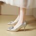 2025 Autumn New Pointed Toe Rhinestone Square Buckle Heels For Women, Thin Heel, Sexy, Comfortable, Small High Heels,_vogvips.com