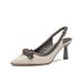 French-style Elegant Bow High-heeled Shoes For Women, Plaid Embossed Design, Thin Heel, Pointed Toe, Shallow Cut,_vogvips.com