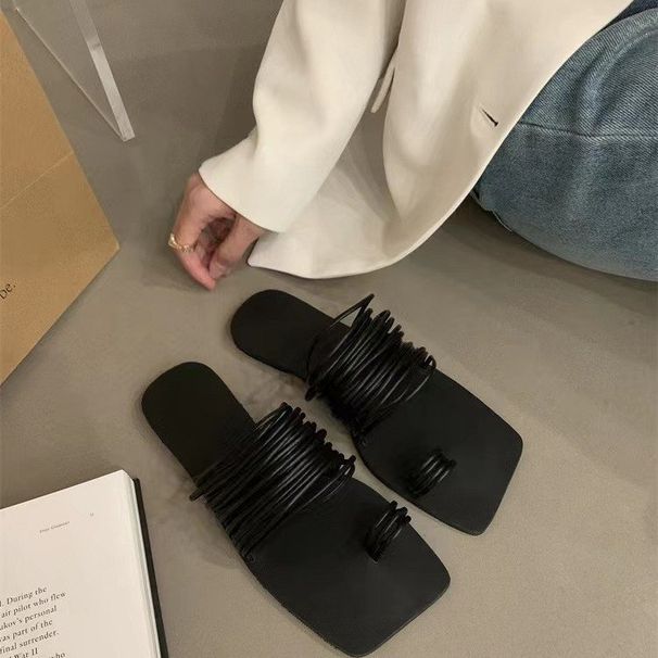 Korean Version Of Foreign Trade Thin Strap Combinati Soft Leather Square Head Slippers Women's Open Toe Flat Bottom Beach Sandals Independent Station_vogvips.com
