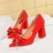 Spring And Autumn New High Heels Thick Heel Suede Light Mouth Pointed Bow Single Shoes Women's Shoes_vogvips.com