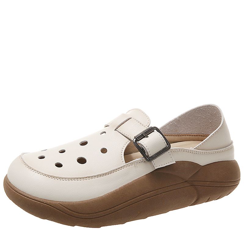 Hollow Single Shoes Women's Comfortable Two Wear Muffin Thick-soled Hole Shoes Soft Leather Bag Head Sandals_vogvips.com