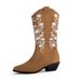 Plus-size brown leather embroidered knight boots New Western cowboy boots_vogvips.com