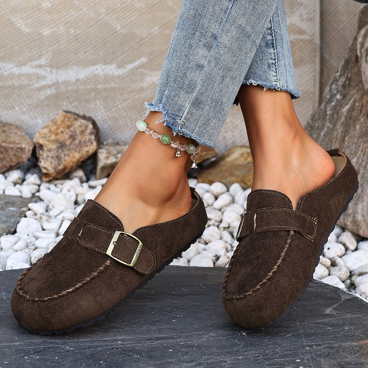 Women's Fleece Lined Bread Toe Slippers Spring Style Thick Sole Retro Buckle Birken Inspired Slippers Size 43_vogvips.com