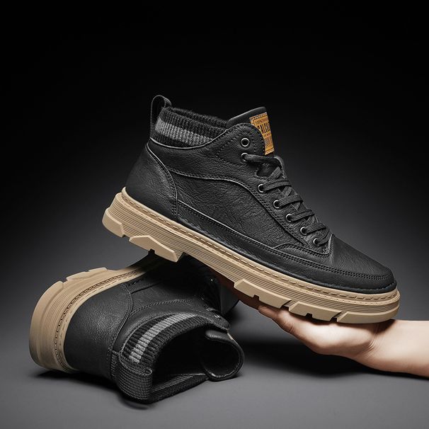 European Warm Series High-top Men's Autumn Winter 2025 New Leather Casual Black Martin Boots Fleece-lined Cotton Trendy Shoes_vogvips.com