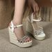 Women's High Heeled Platform Wedge Sandals Rhinestone Cross Straps Straw Rope Soles 15 Cm_vogvips.com