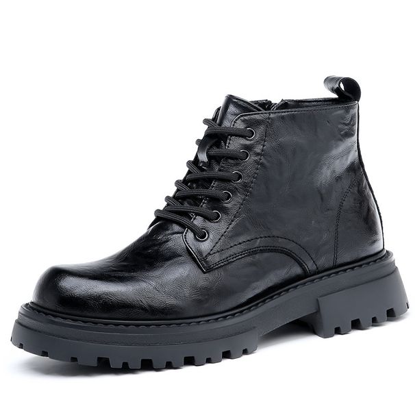 European Warm Series Men's Martin 2025 New Cotton-Padded Leather Thin British Style Mid-Top Thick Sole Height Increasing Motorcycle Black_vogvips.com
