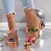 Water Diamond Coarse Heel Pattern One Line High Heels Cool Slippers For Women's Fashion Outerwear, Color Blocked, Follow_vogvips.com