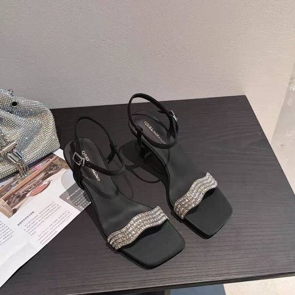 French-style Fashionable One-strap Elegant Rhinestone Sandals For Women, 2026 New Summer Model, Thin-heeled Satin_vogvips.com