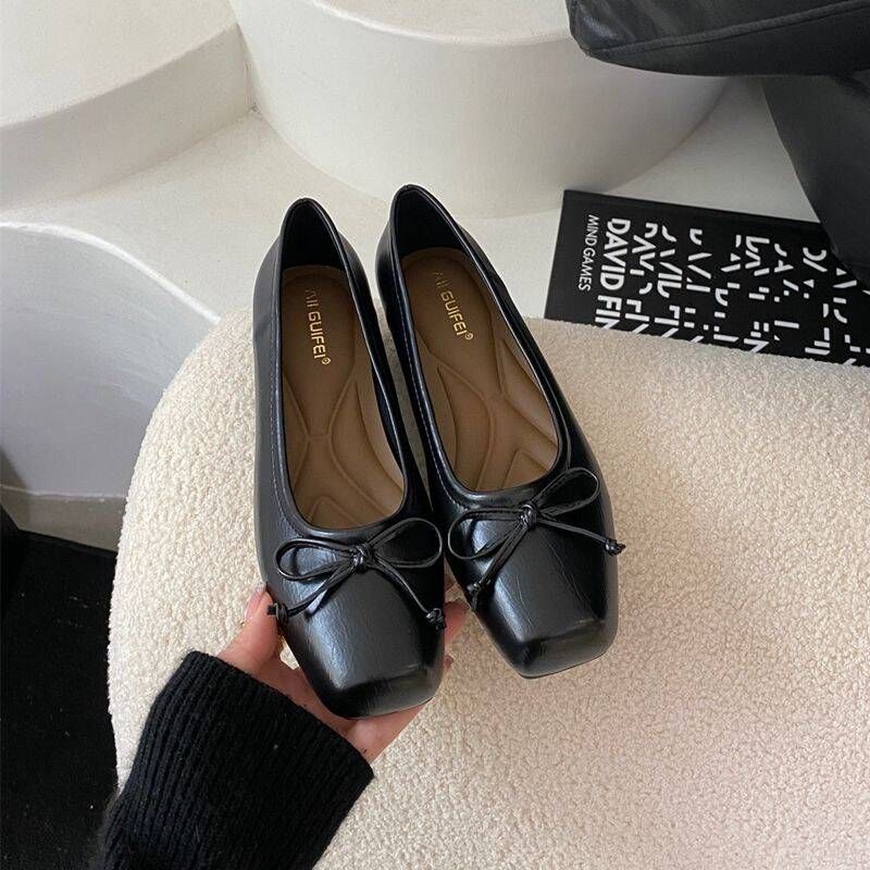 silver Flats Spring New French Style Gentle Evening Breeze Bowknot Square Toe Shallow Flat Loafers Granny Shoes_vogvips.com