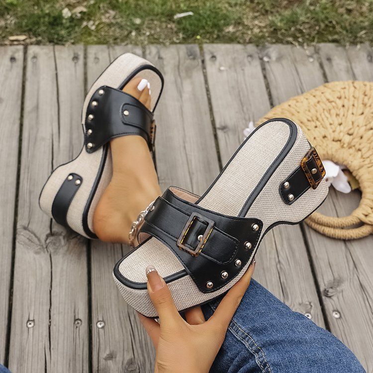Women's Shoes Large Size 43 Square Heel Thick Sole Heightening Style One Strap Sandals Summer Buckle Rivet Women's Shoes_vogvips.com