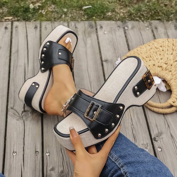 Women's Shoes Large Size 43 Square Heel Thick Sole Heightening Style One Strap Sandals Summer Buckle Rivet Women's Shoes_vogvips.com