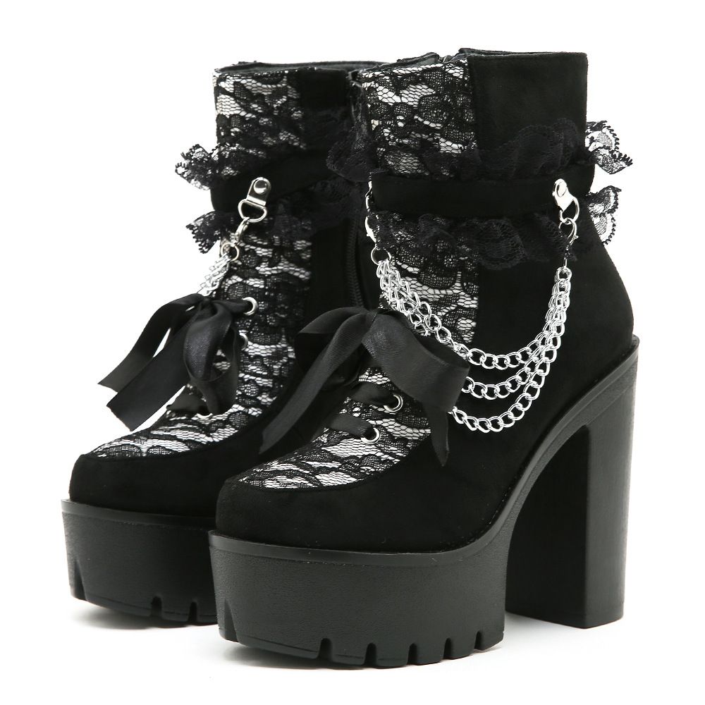 Gothic Lace-Up Ankle Boots With Chunky Heel, Side Zipper, And Floral Embroidery - Round Toe, Suede & Faux Leather, Black & White Contrast_vogvips.com