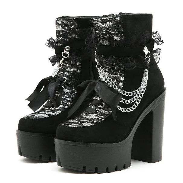 Gothic Lace-Up Ankle Boots With Chunky Heel, Side Zipper, And Floral Embroidery - Round Toe, Suede & Faux Leather, Black & White Contrast_vogvips.com