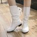 New Trendy Round Toe Low Chunky Heel Ribbon Leather Women's Plus Size Mid-Calf Short Boots_vogvips.com