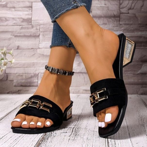 Cross Border New Style Pointed Toe Chain Low Heeled Slippers Summer Large Size Fashionable Thick Heel Suitable For_vogvips.com