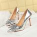 3391-H76 Korean Version Banquet Pointed Thin Bow, Shallow Mouth, Burst Pattern High Heels, Single Shoes For Women_vogvips.com