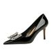 272-K72 Banquet Slim Heel Shallow Mouth Pointed Patent Leather Metal Water Diamond Buckle Single High Heel Women'_vogvips.com