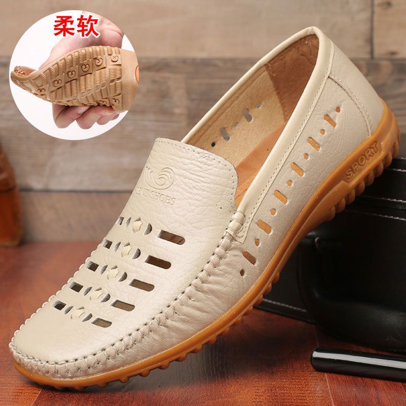 2021 Summer Casual Sandals Men, Genuine Leather Slip-New With Cowhide Sole, Hollow Breathable Hole Shoes For Middle-Aged_vogvips.com