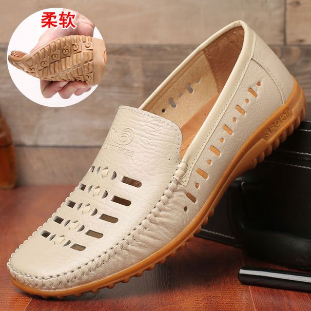 2021 Summer Casual Sandals Men, Genuine Leather Slip-New With Cowhide Sole, Hollow Breathable Hole Shoes For Middle-Aged_vogvips.com