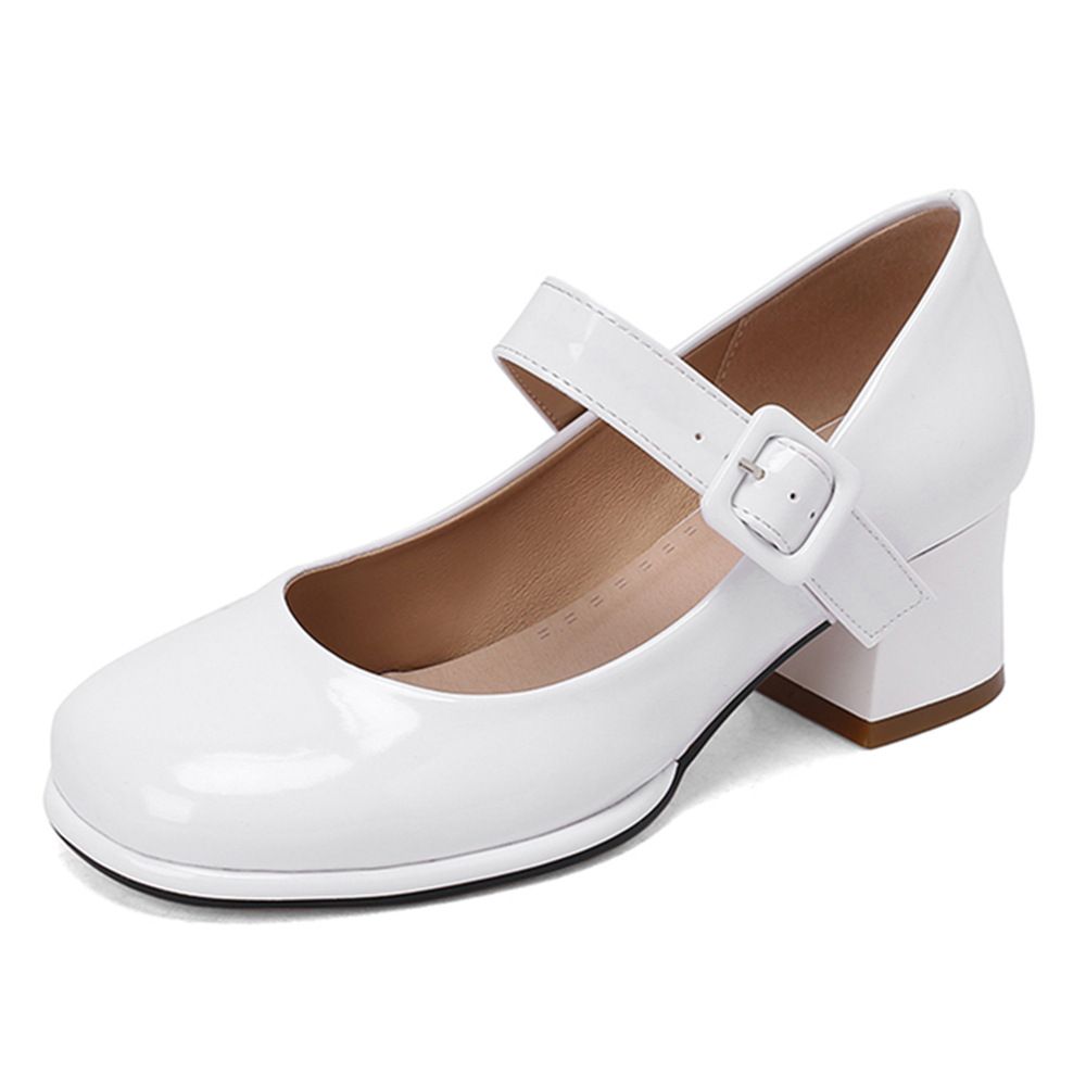 Cross-border Foreign Trade Women's Mary Jane Patent Leather, Round Toe, Chunky Heel, Buckle Strap, Simple High-heeled_vogvips.com