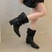 Mid-Calf For Women, Black Hot Girl Pointed Toe Studded Slip-On Boo, Fashionable Slimming Chunky Heel V-Cut Western_vogvips.com