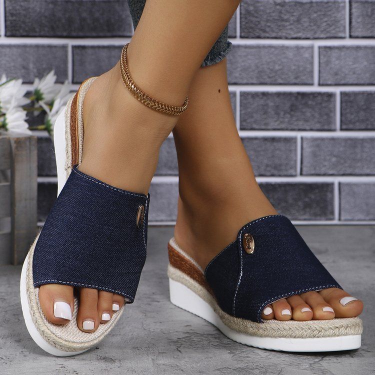 Plus-size Women's Canvas Slippers Wedged Rope Thick Soled Denim Flip-flops_vogvips.com