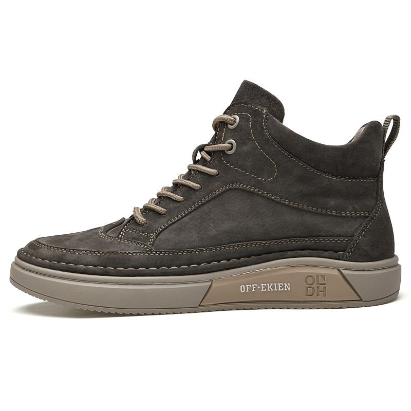 Flat-heeled Pigskin Velvet High-top Board Shoes Retro British Casual Round Head Lace-up Board Shoes Men's Shoes_vogvips.com