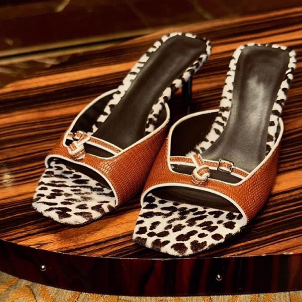 In Stock~ Genuine Leather Kitten Heel Leopard Print Open-toe Sandals For Women, Square Toe High Heels, Excluding Tax_vogvips.com
