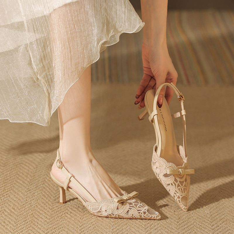 In Stock 6715 French Lace Hollow High-heed Shoes For Women, One-strap Stiletto Pointed Toe Closed-toe Sandals, New_vogvips.com
