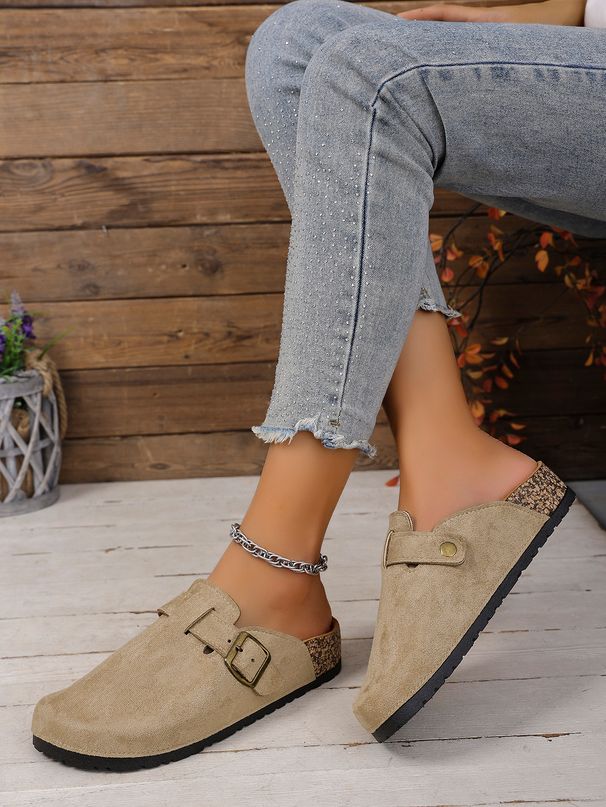 Women's New Spring Retro Mules, Casual Slip-On Shoes, Pu Upper, Cork Grain, Closed-Toe Half-Slipper Flat Slippers With Adjustable Buckle_vogvips.com