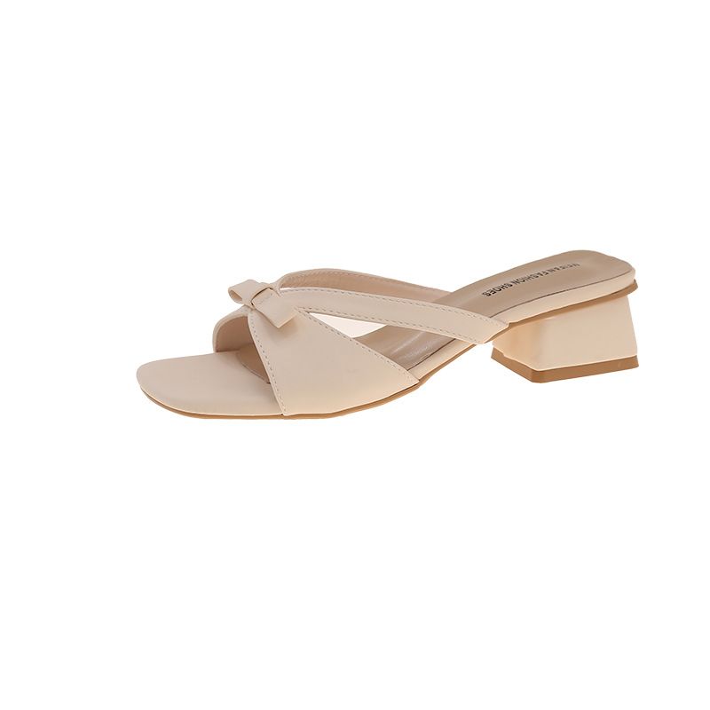 Women's Slippers 2025 Summer New French Style Bow Square Toe Chunky Heel One-Strap Sandals Outdoor High Heels For Women_vogvips.com