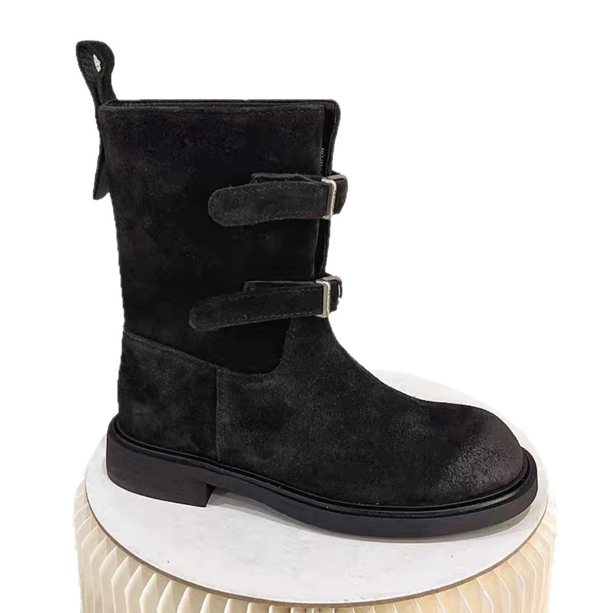 Sheepskin Version ~ Distressed Belt Buckle Western Cowboy Slimming Short Women's Melad Martin Motorcycle Boots_vogvips.com