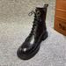 European Station Winter Martin Round Toe Carved Leather Flat Short Front Lace-up Low Heel British Style Fleece Lined_vogvips.com