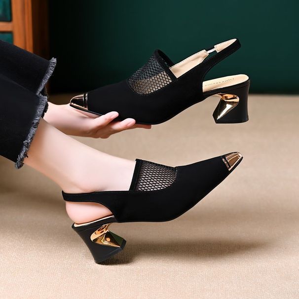 2026 Summer New Model Foreign Trade Niche Light Luxury Chunky Heel Pointed Toe Mesh Open Back Fashion Sandals For_vogvips.com