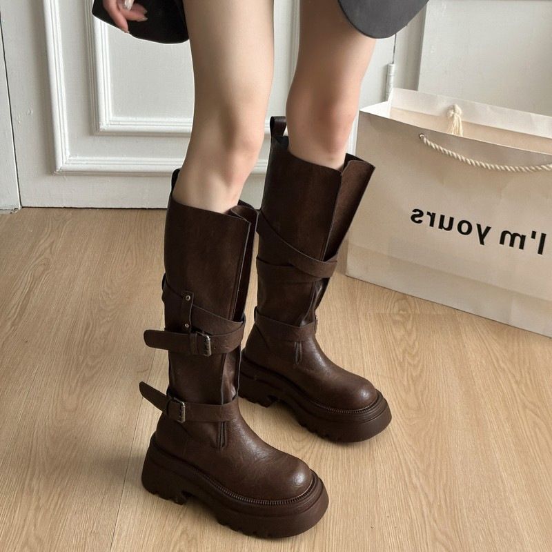 Women's Retro Oversized Thick Soled Buckle Leather Fashion Boots Autumn Winter Versatile Riding Knee High Boots_vogvips.com