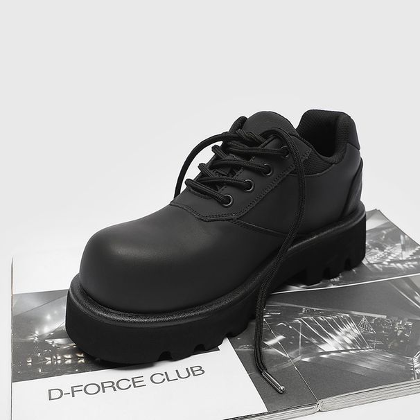3218 Chunky Derby For Men Thick Sole Height Increasing Versatile Men's Matte Dark Commuter Trendy Casual Leather Shoes_vogvips.com