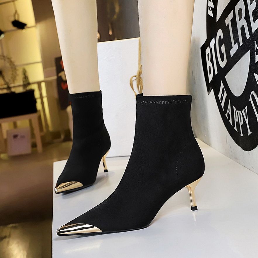 Women's Shoes Banquet Light Luxury Women's Boots Slim Pedicure Short Boots Suede Metal Head Winter Short Boots_vogvips.com