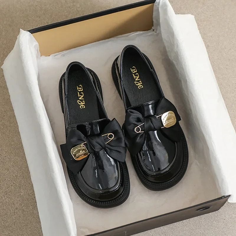 Spring Women S Black Leather Shoes Ladies Casual Loafers British Style Bow Design Mid Heels Work And Walk Wear Free_vogvips.com