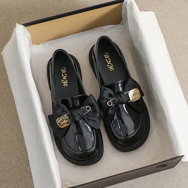 Spring Women S Black Leather Shoes Ladies Casual Loafers British Style Bow Design Mid Heels Work And Walk Wear Free_vogvips.com