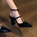 Black High Heels For Women 2025 New Patent Leather T-Strap Pointed Toe Backless Chunky Heel Closed-Toe Sandals_vogvips.com