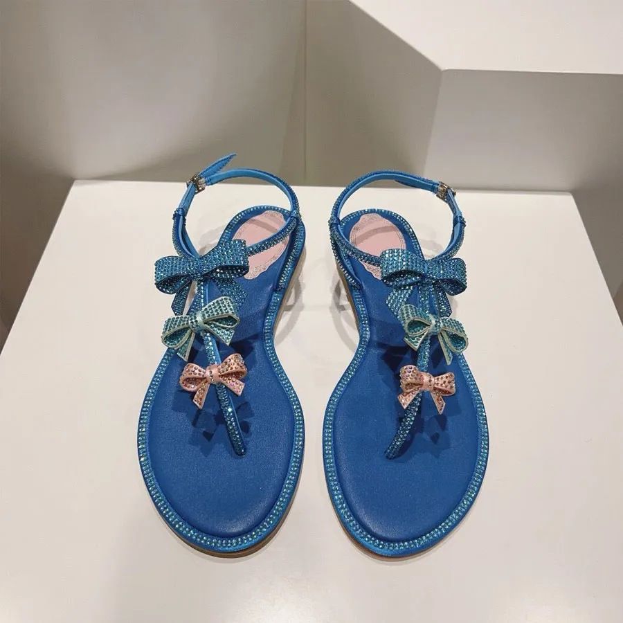 In-Stock Fairy-Style Bowknot Flat For Women, Spring/Summer Colorful Rhinestone Thong Sandals With One Strap, Roman-Style_vogvips.com