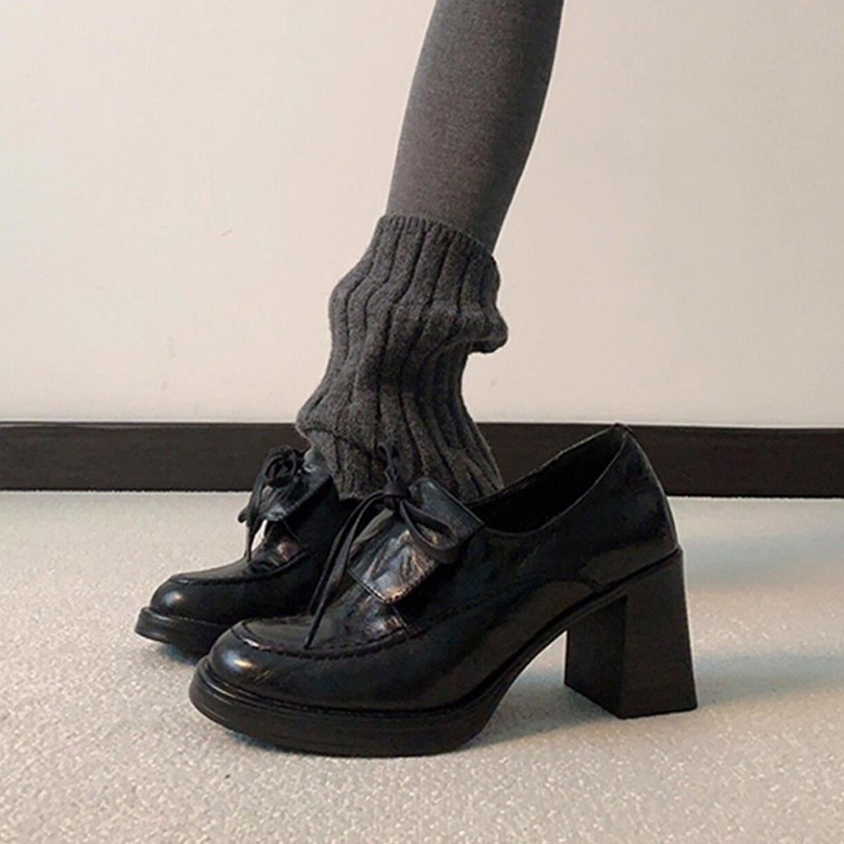 Women's Shoes New Style High Heeled Loafers, Petite Chunky Heel Single Shoes, Black, Versatile Slip On, Deep Mouth JK Leather Shoes_vogvips.com