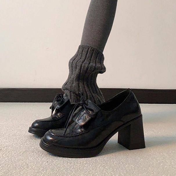 Women's Shoes New Style High Heeled Loafers, Petite Chunky Heel Single Shoes, Black, Versatile Slip On, Deep Mouth JK Leather Shoes_vogvips.com