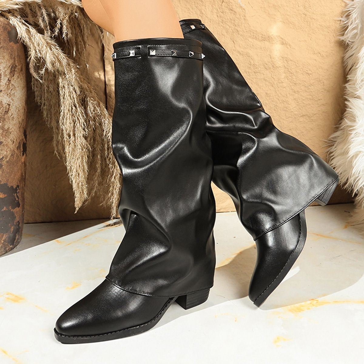 Women's Shoes Pleated High Heeled Fashion Boots 2025 Autumn New Thick Heel Large Size High Leg Trouser Boots Women Wish_vogvips.com