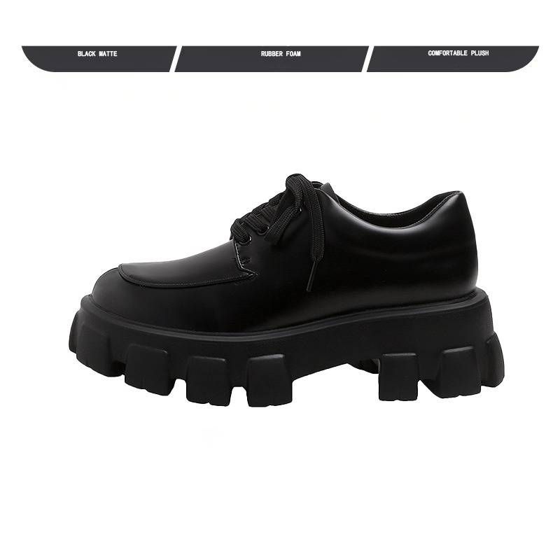 Women's Shoes Leather Chunky Heel Loafers Classic British Style Round Toe Slip-On Shoes With Platform Sole For Winter & Spring Sizes 33-40, Black_vogvips.com