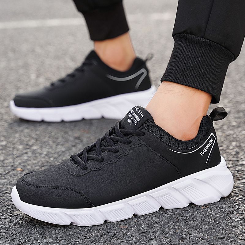 Men's Leather Waterproof Non-Slip Sports Soft Sole Lightweight Breathable Running Black Work Casual Travel Shoes_vogvips.com