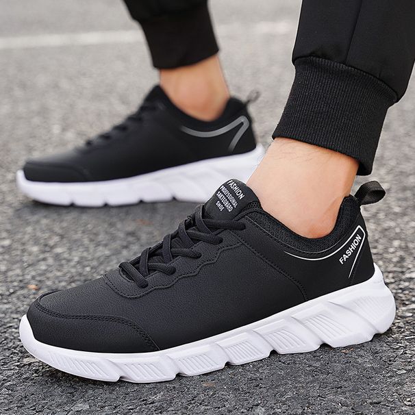 Men's Leather Waterproof Non-Slip Sports Soft Sole Lightweight Breathable Running Black Work Casual Travel Shoes_vogvips.com