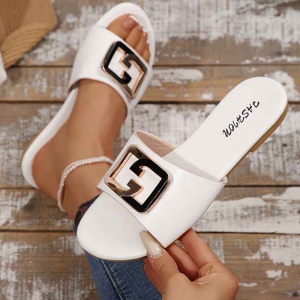Women's Fashionable Slippers With Metal Buckles Round Toe Flat Sandals Versatile Solid Color Decoration_vogvips.com
