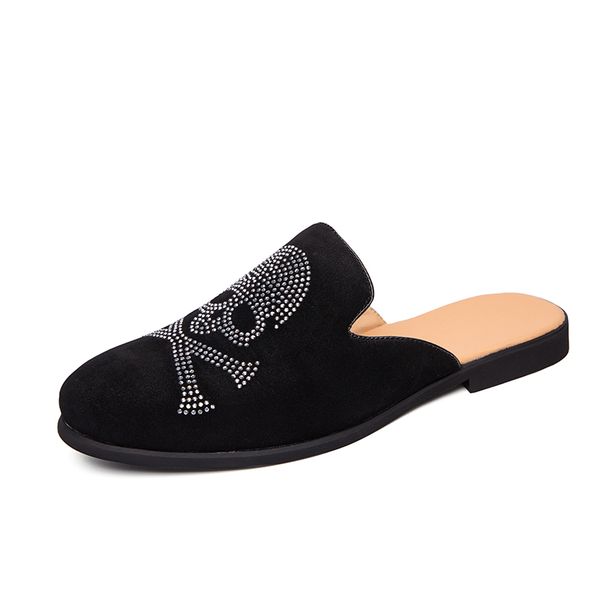 European Station Fashionable Black Rivet Mules Four Seasons New Trend Black Slip-on Men's Shoes Slip-on Nightclub Casual Banquet Dress Shoes_vogvips.com