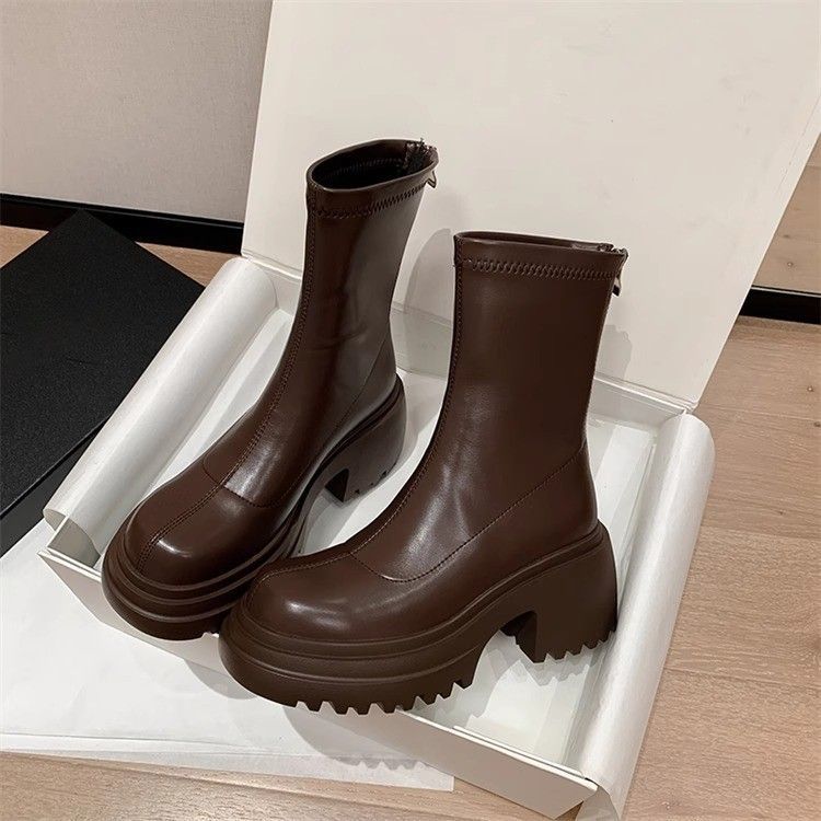 Chunky Heel Platform Fashion Boots Women 2025 AW New Arrival Versatile Trendy Mid Calf Brown Hot Sale_vogvips.com